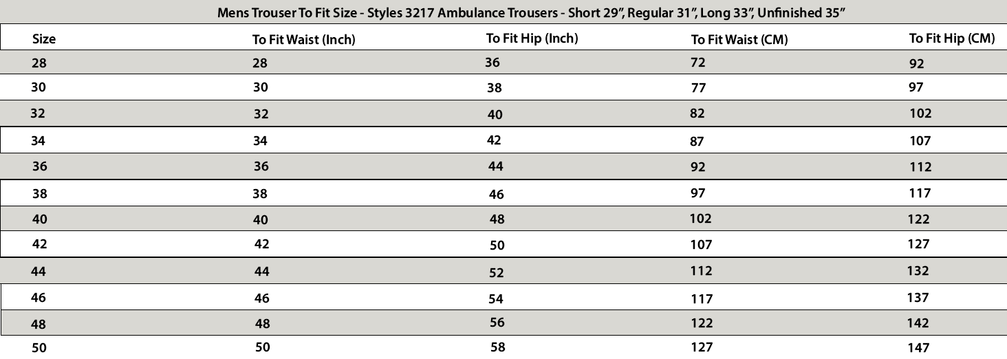 Size Guide Sugdens Trouser 3217